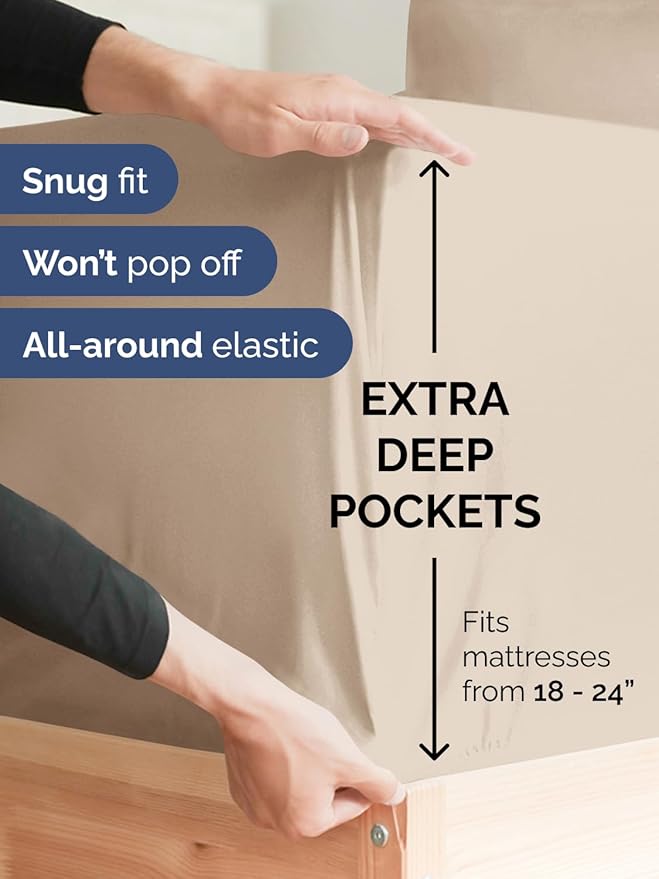 Extra Deep Split King Sheet Set - 7 Piece Breathable and Cooling Sheets - Hotel Luxury Bedding for Women, Men, Kids & Teens - Easy Secure Fit - Soft, Wrinkle Free & Comfy - Extra Deep Pockets - Wheat