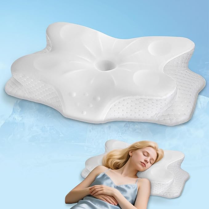 Cervical Neck Pillows for Sleeping & Pain Relief-Ergonomic Contour Memory Foam Pillow for Side/Back/Stomach Sleepers, 2 Heights with ICY Cooling White Silk Pillowcase - Gifts for Men & Women