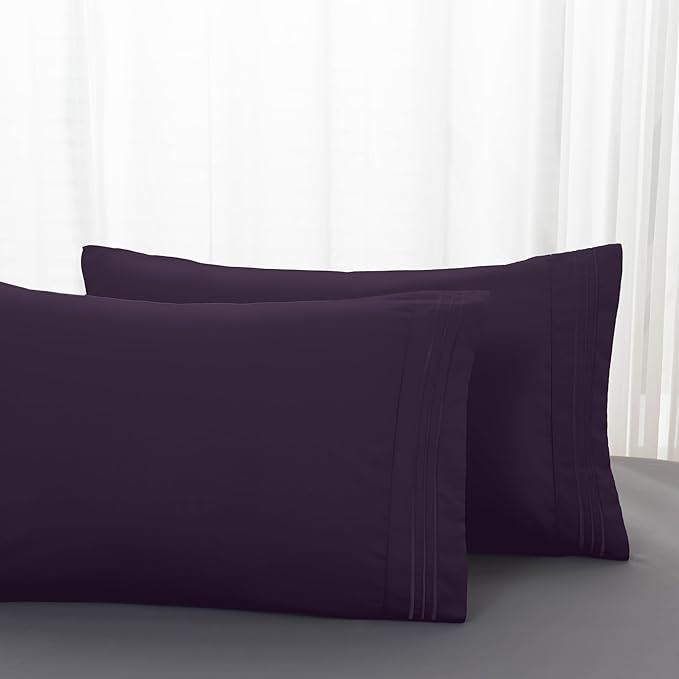 Mocassi 2-Piece Premium Standard/Queen Pillowcase Set 1800 Series Hotel Quality Microfiber - Soft and Breathable with 3-Line Embroidery Wrinkle and Stain Resistant, Easy Care, 20" x 30", Purple