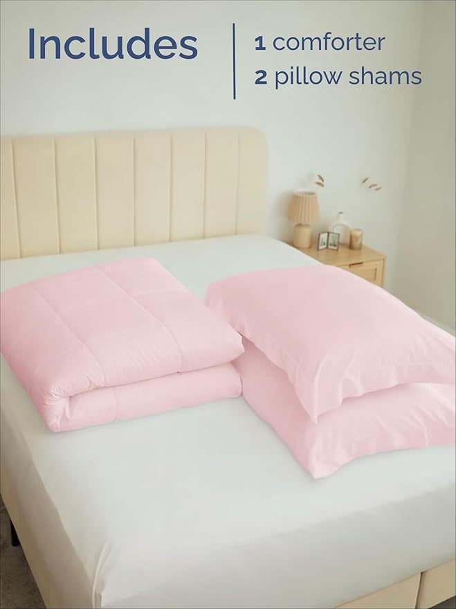 Full Comforter Set - 3 Piece Bed Set for All Seasons - 1 Soft Quilted Comforter w/ Corner Tabs & 2 Pillow Shams - Comfy & Breathable - Premium Down Duvet Insert - Oeko-TEX - Full Size, Lavender Pink