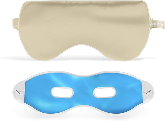 ASUTRA Silk Eye Pillow for Sleep, Champagne - Filled w/Lavender Buds & Flax Seeds, Weighted Eye Mask, Meditation & Light Blocking Blindfold, Cooling Gel Mask Included