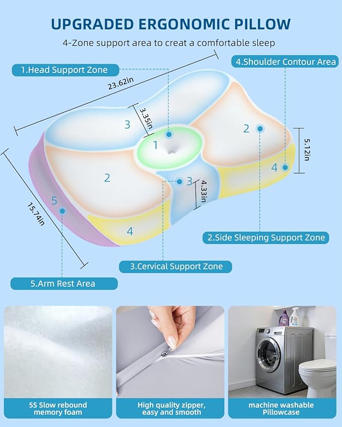 VADSBO Sleep Pillow Ergonomic Contour Design Cooling Memory Foam Pillows for Neck Support, Side & Back Sleepers White