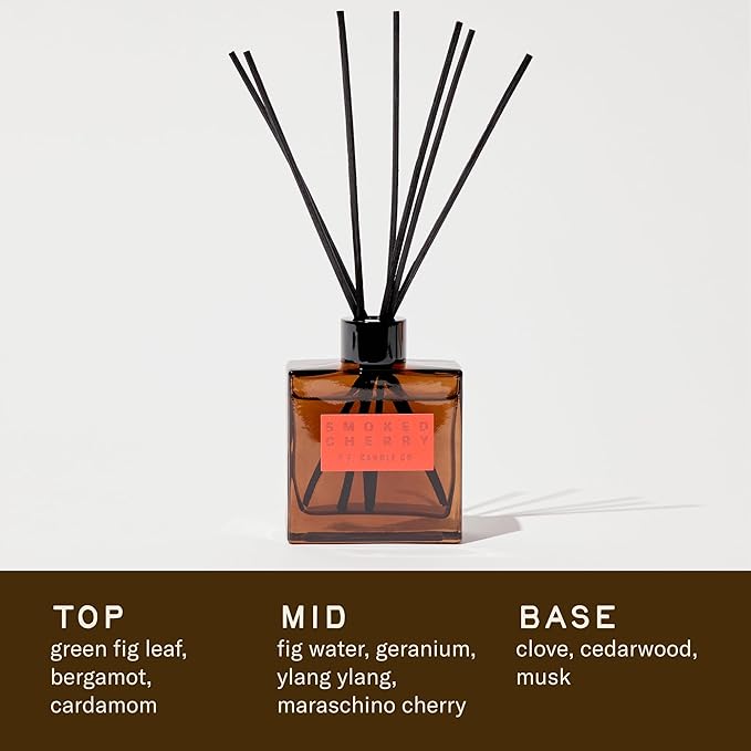 P.F. Candle Co. Smoked Cherry Premium Scented Reed Diffusers (4 fl oz) Luxury Cocoa Brown Glass Jar, Fine Fragrance Oil, Long-Lasting Flame-Free Scent