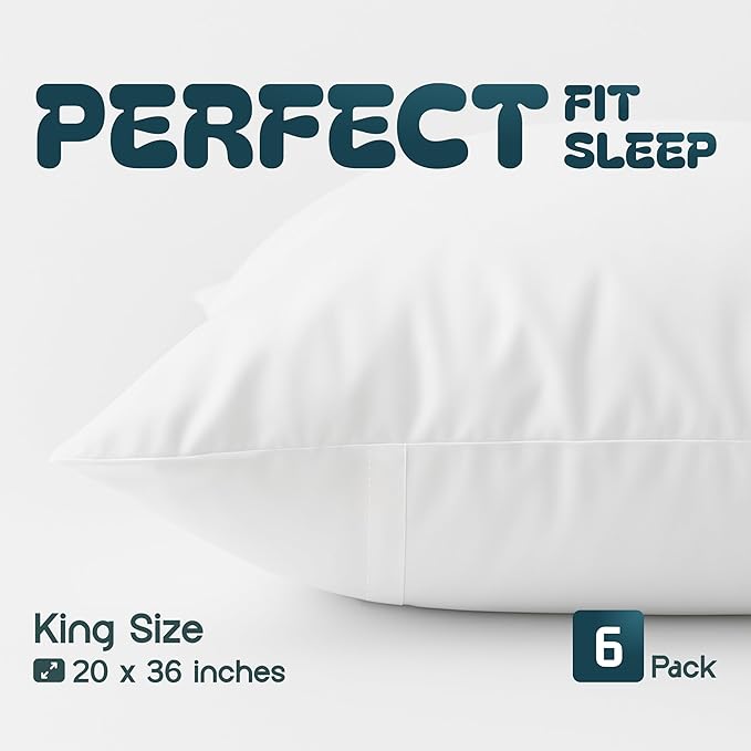 White Classic King Pillow Covers with Zipper 6 Pack - 20 x 36 Ultra-Soft, Cozy and Noiseless King Pillow Protector, 200 Thread Count, Envelope Closure, Fade-Resistant Pillow Shams