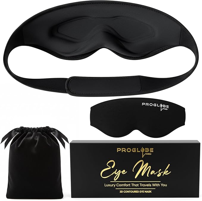 Proglobe Luxe Luxury Sleep Mask for Back & Side Sleepers, 100% Light Blocking 3D Eye Mask with Zero Pressure Eye Cups, Lash-Friendly, Soft Breathable Night Mask for Travel & Naps, Black