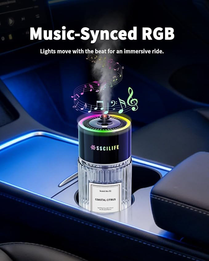 Smart Car Air Freshener with Auto Sensor, Car Aroma Diffuser with RGB Music Syncing Light & Starry Sky Projection, Up to 120 Day Use, 120ML Capacity, Scent: No.02-Coastal Citrus