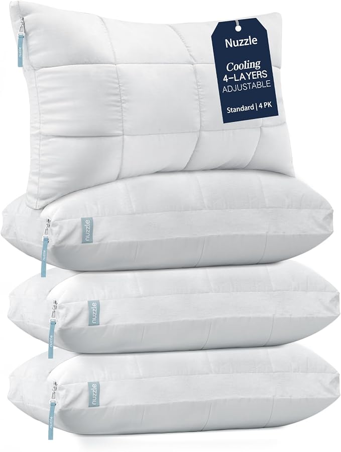 Nuzzle Pillows Standard Size Set of 4,Adjustable Firm Pillows Luxury Hotel Collection Bed Pillows – Best Adjust Height Soft Cooling Pillows for Back, Stomach and Side Sleepers