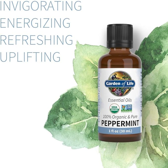 Garden of Life Essential Oil, Peppermint 1 fl oz (30 mL), 100% USDA Organic & Pure, Undiluted & Non-GMO - for Diffuser, Aromatherapy, Meditation - Energizing, Invigorating, Refreshing, Uplifting