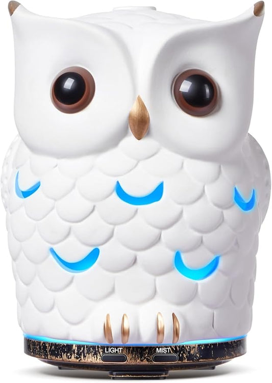 Alieye Ceramic Essential Oil Diffuser, 200ML Handcrafted Ceramic Owl Ultrasonic Cool Mist Aromatherapy Humidifier with 7 Colors LED Waterless Auto Shut Off for Home Office Yoga, Gifts for Mom, White
