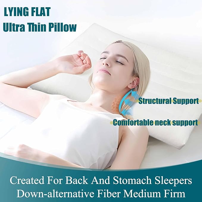 Ultra Flat Thin Pillows for Sleeping Standard Size Set of 2 Pack, 2-1/2" High Slim Bed Pillow for Back Stomach Sleepers Down Alternative Filling Hypoallergenic White 18x26 in