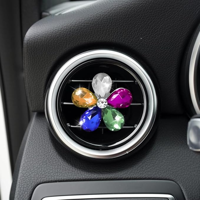5PCS Bling Daisy Flower Car Air Vent Clips, Car Diffuser Vent Clip, Sparkling Crystal Rhinestone Cute Auto Air Conditioning Clamp, Diamond Air Outlet Clip Decor for Women Girls (Five Colours)