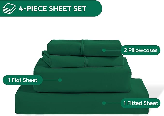 Queen Sheet Set, 4-Piece Hotel Luxury Soft Microfiber Queen Bed Sheets Set, Up to 16" Deep Pockets, Oeko-Tex Sheets with Elastic, Breathable, Wrinkle Free (Forest Green, Queen)