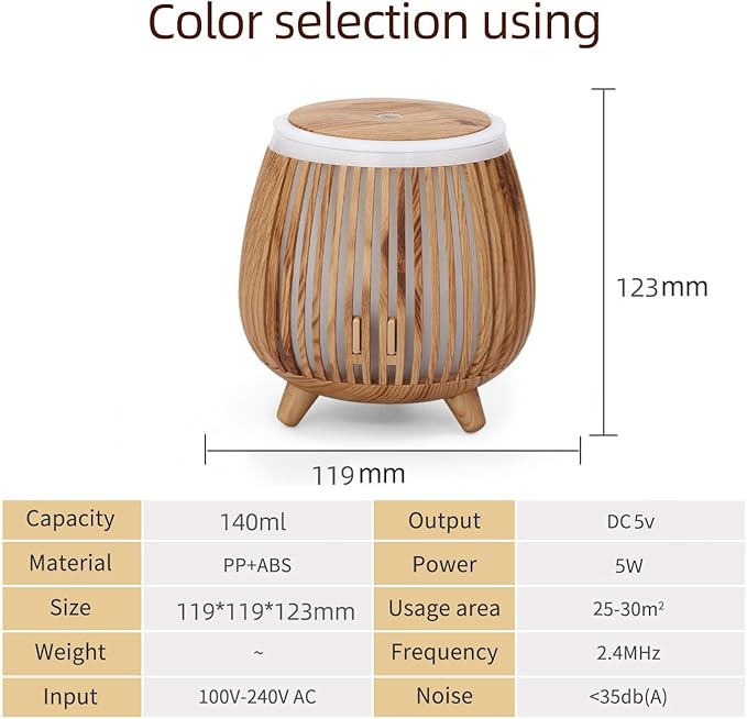 Essential Oil Diffuser Humidifier Diffuser Aroma with LED Mood Light, 140ML Tank Capacity, USB Powered, Quiet Operation for Home Office Bedroom Car Travel(Light Wood Grain)