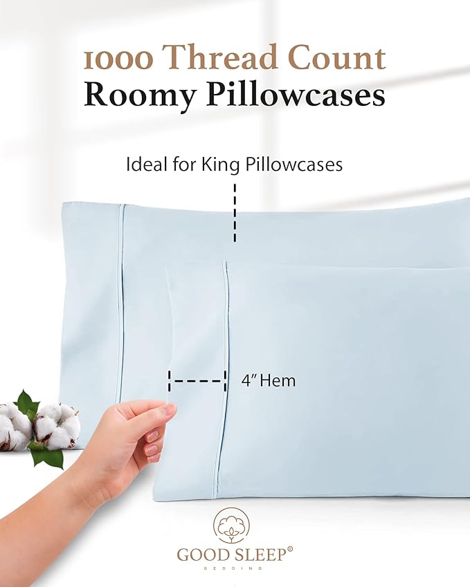 1000 TC Light Blue King Pillowcases Set of 4 100% Egyptian Cotton Pillow Cases with Long Staple Cotton & Sateen Weave, Silky Soft Hotel - Like Bed Pillow Covers for Comfy Sleeping, Snug Fit