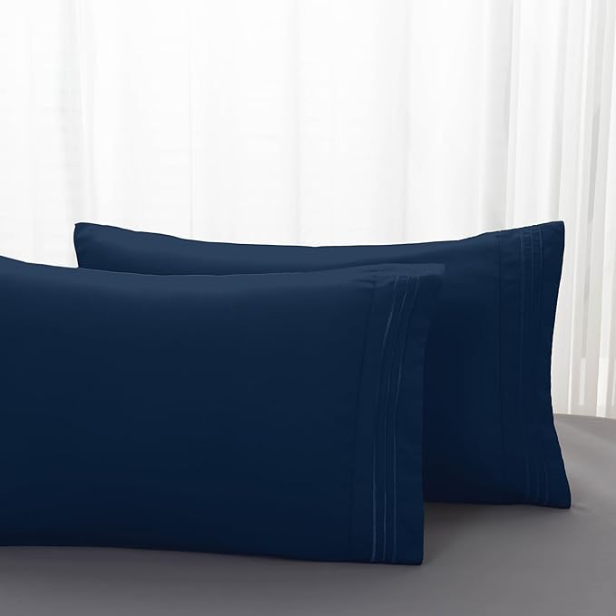 Mocassi 2-Piece Premium Standard/Queen Pillowcase Set 1800 Series Hotel Quality Microfiber - Soft and Breathable with 3-Line Embroidery Wrinkle and Stain Resistant, Easy Care, 20" x 30", Navy Blue