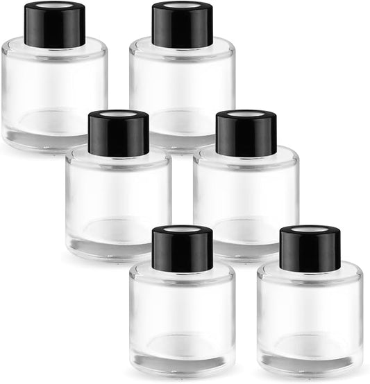 6 Pcs Glass Diffuser Clear Refillable Round Glass Diffuser with Black Lids for Aromatherapy Fragrance DIY Replacement Essential Oils Crafts - 50ml/1.7oz