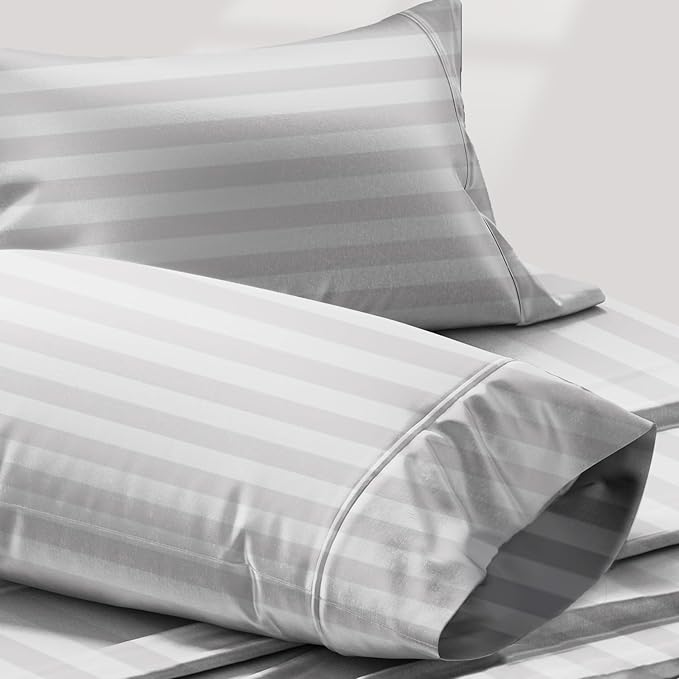 TEXAS LINEN CO. 100% Egyptian Cotton Pillow Cases Standard/Queen Size Set of 2 - Luxury 1200 Series Star Sleepin' Damask Pillow Cases (Silver Stripe), Cotton Pillowcases Fits Standard & Queen Pillows
