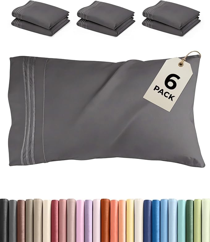 Queen Pillow Cases Set of 6 - Ultra Soft Hotel Quality Pillowcase Covers - Comfy, Cozy & Wrinkle Free - Shrink, Stain and Fade Resistant - Machine Washable Pillow Protectors - 6 Piece Set - Dark Grey