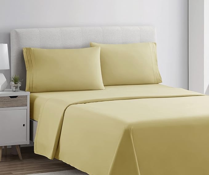 Clara Clark Bed Sheets, Premier 1800 Series 4 Piece Bed Sheet Set, Deep Pocket, Wrinkle, Fade, Stain Resistant, Luxury Soft Bedding Sheets & Pillowcases, Queen, Custard Mellow