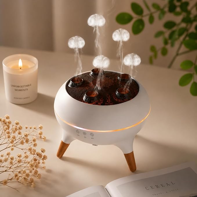 Mushroom Cloud Humidifier, Aromatherapy Essential Oil Diffuser with Sound-Activated Mode, 7-Smoke Modes Jelly Fog & Color LED, Large Water Tank with Auto-Shutoff, for Home Bedroom Office