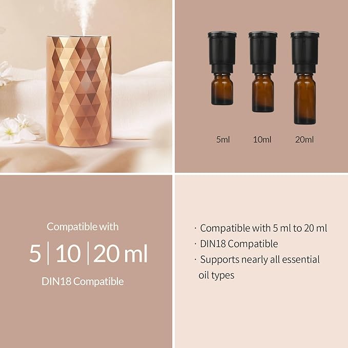 Waterless Essential Oil Diffuser - Rose Gold Portable Aromatherapy Scent Machine with 3 Mist Modes & Timer