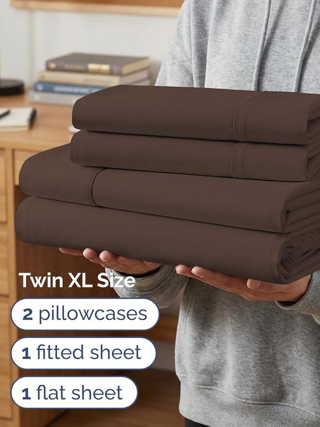Extra Deep Twin XL Sheet Set - 4 Piece Breathable and Cooling Sheets - Hotel Luxury Bedding for Women, Men, Kids & Teens - Easy & Secure Fit - Soft, Wrinkle Free and Comfy - Extra Deep Pockets - Brown