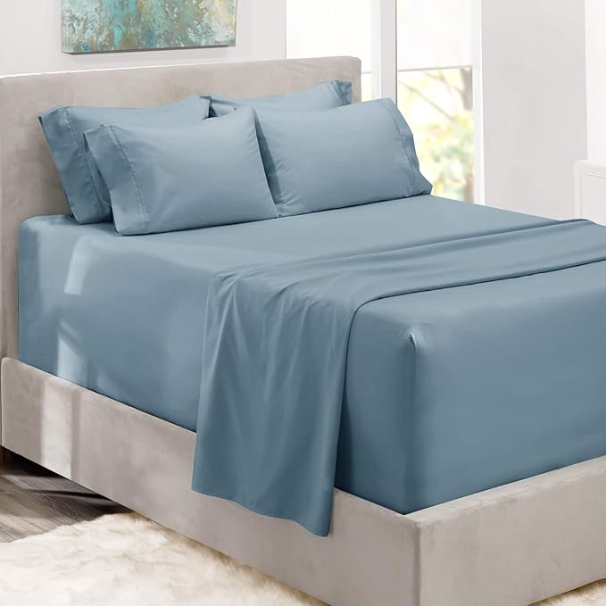 Hearth & Harbor Bed Sheets, Luxury Soft 6 Piece Bed Sheet Set Extra Deep Pocket Fitted Sheets Fits Mattress up to 21", Double Brushed Bedding Sheets & Pillowcases, Twin XL, Soft Blue
