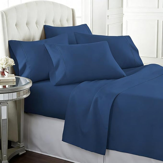 6 Piece Bed Sheet Set for Teens, Full/Queen/King Hotel Premium Sheets with 4 Pillowcases, Lightweight Brushed Microfiber Deep Pockets, Breathable Cooling Bedding Sets (Navy, Queen)