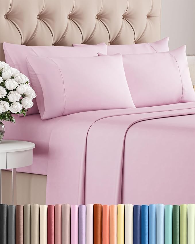 Queen 6 Piece Sheet Set - Comfy Breathable & Cooling - Hotel Luxury Bedding for Women, Men, Kids, Teens & Children - 1 Flat & 1 Fitted Sheet & 4 Pillowcases w/ Deep Pockets - Wrinkle Free - Light Pink