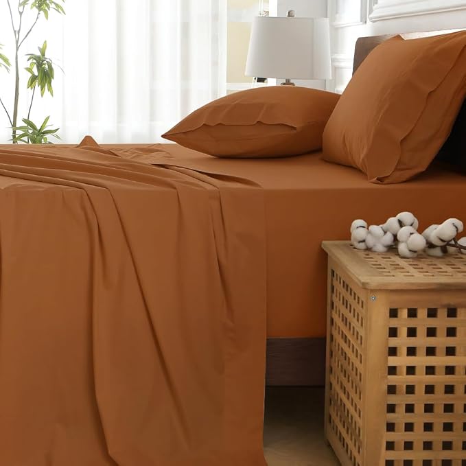 HYPREST Extra Deep Pocket Cal King Sheet Sets Fits 18"-24" in Deep Mattress -100% Cotton California King Sheet Set, Burnt Orange Hotel Luxury Soft Sheet Sets Breahtable No Slipping