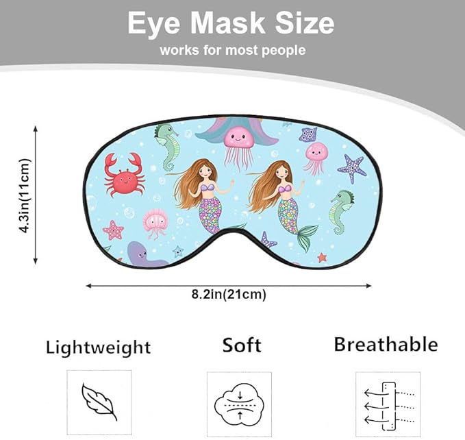Sea Wildlife Sleep Eye Mask Mermaid Seahorse Fishes Starfish Crab Jellyfish Cartoon Silk Eye Mask Sleeping Soft Eye Shade Cover for Men Women Boy Girl Airplane Travel