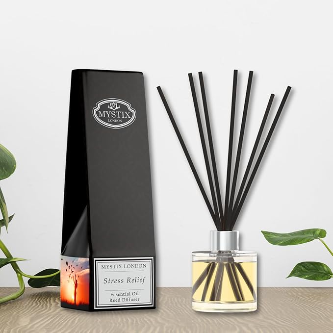 Mystix London | Stress Relief Essential Oil Blend Reed Diffuser | 200ml | Best Aroma for Home, Kitchen, Living Room and Bathroom | Perfect as a Gift | Refillable