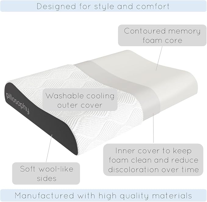 pillosophy SleepTheory Pillow • Contour Shape • Cervical Neck Support • Memory Foam Core • Washable Outer Cover • Medium Firmnesss • Perfect for Back, Side, Stomach Sleepers (Standard Size)