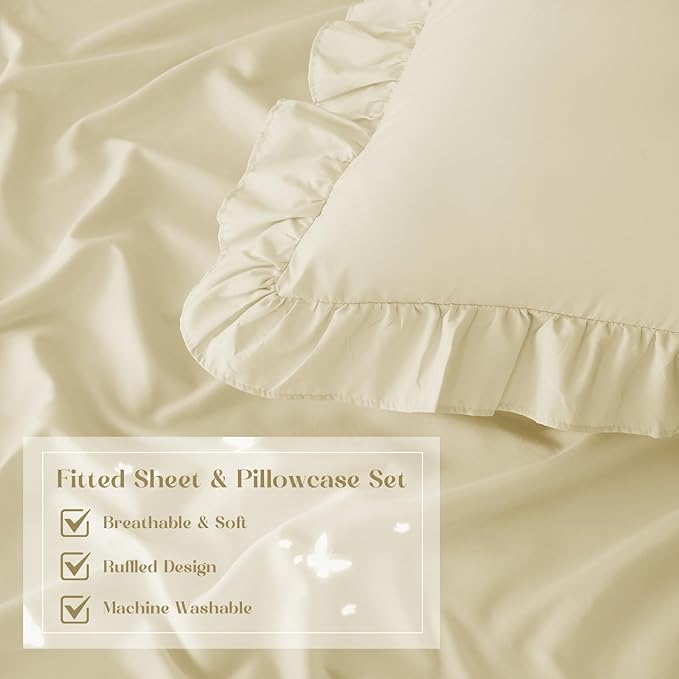 Homiest 3-Pieces Ruffle Pillow Case & Fitted Sheet Set, Cream Queen Sheets with 2 Ruffled Pillow Shams, 15 Inch Deep Pocket, Cute & Coquette Microfiber Bed Set for Decorating Bedroom Hotel
