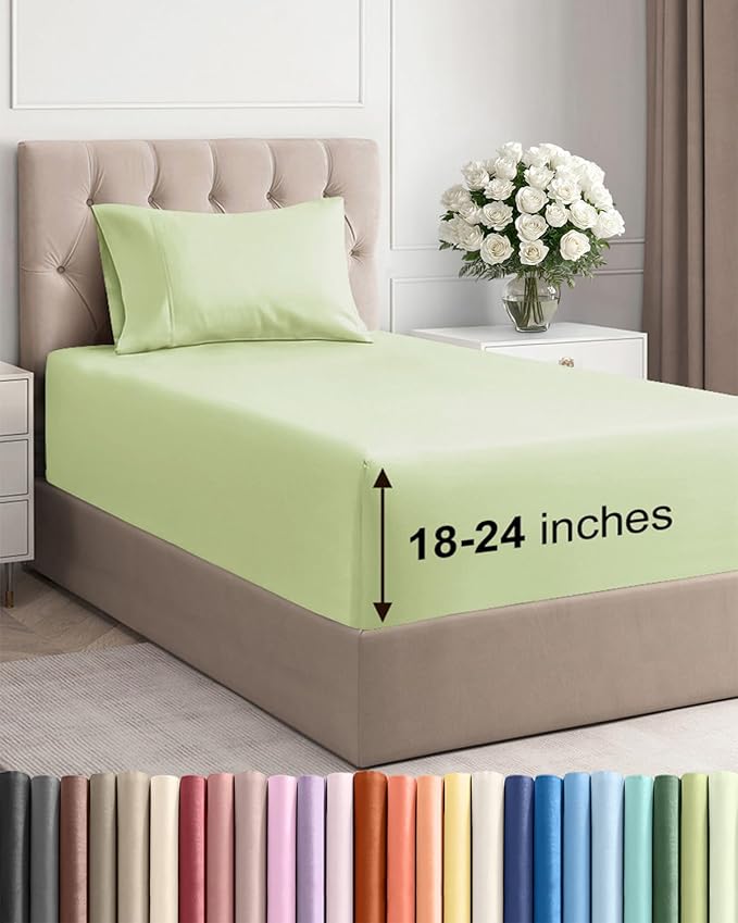Extra Deep Twin Sheet Set - 3 Piece Breathable & Cooling Bed Sheets - Easily Fits 18 to 24 inch Mattress - Soft, Wrinkle & Fade Free with Extra Deep Pockets - Hotel Luxury Bedding - Light Sage Green