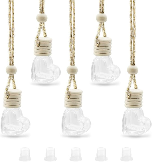 5 pcs Car Hanging Empty Glass Perfume Bottles Pendant Bottle, DIY Air Freshener Pendant, Empty Clear Glass Essential Diffuser Oil Aromatherapy, Glass Bottle Decor (Heart Shape)