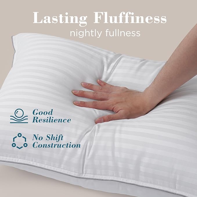 viewstar Bed Pillows Queen Size Set of 2, Hotel Collection Down Alternative Pillows for Side, Back or Stomach Sleepers, Stable Neck Support, Striped White