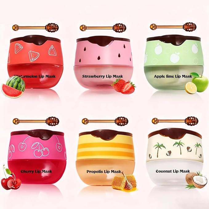 6Pcs Honey&Strawberry Lip Balm, Apple Watermelon Lip Mask, Moisturizing Lip Sleeping Mask, Hydrate Repair Prevent Dry Cracked Lip Care (Honey+Strawberry+Apple Lime+Watermelon+Coconut+Cherry)