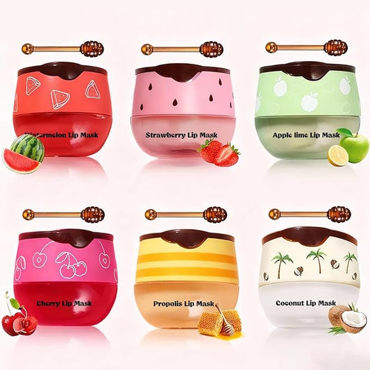 6Pcs Honey&Strawberry Lip Balm, Apple Watermelon Lip Mask, Moisturizing Lip Sleeping Mask, Hydrate Repair Prevent Dry Cracked Lip Care (Honey+Strawberry+Apple Lime+Watermelon+Coconut+Cherry)
