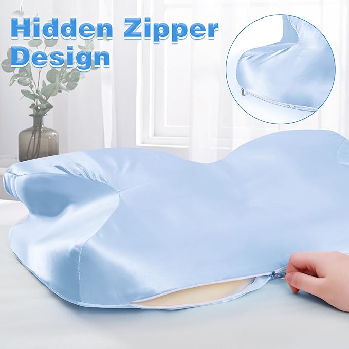 Satin Pillowcase for Cervical Pillow, Baby Blue Silky Cervical Pillow Case Contour Pillow Case Cover with Zipper, Smooth Ergonomic Pillowcase for Neck Pillow Cover