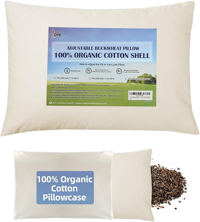Organic Buckwheat Pillow for Sleeping with Organic Cotton Pillowcase - Kids/Travel Size 11''x16'' Adjustable Firm Pillow, Cervical Support for Back and Side Sleepers(Tartary Buckwheat Hulls)