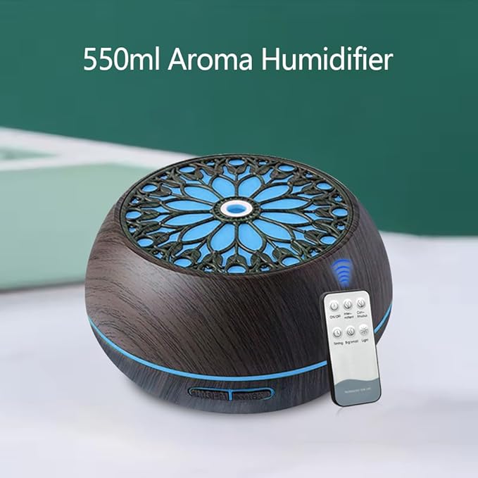 550ml Cool Mist Humidifier & Aroma Diffuser | 6 Essential Oils, Soundwave Technology, Remote Control, USB-Powered, Pre-Filter System & Stylish Pink Floral Design for Bedroom, Office, Living Roo