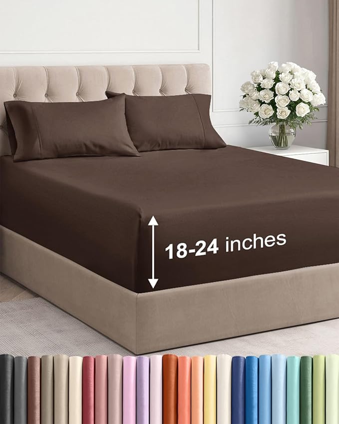 Extra Deep King Sheet Set - 4 Piece Breathable & Cooling Bed Sheets - Easily Fits 18 to 24 inch Mattress - Ultra Soft, Wrinkle & Fade Free w/ Extra Deep Pockets - Comfy Hotel Luxury Bedding - Brown