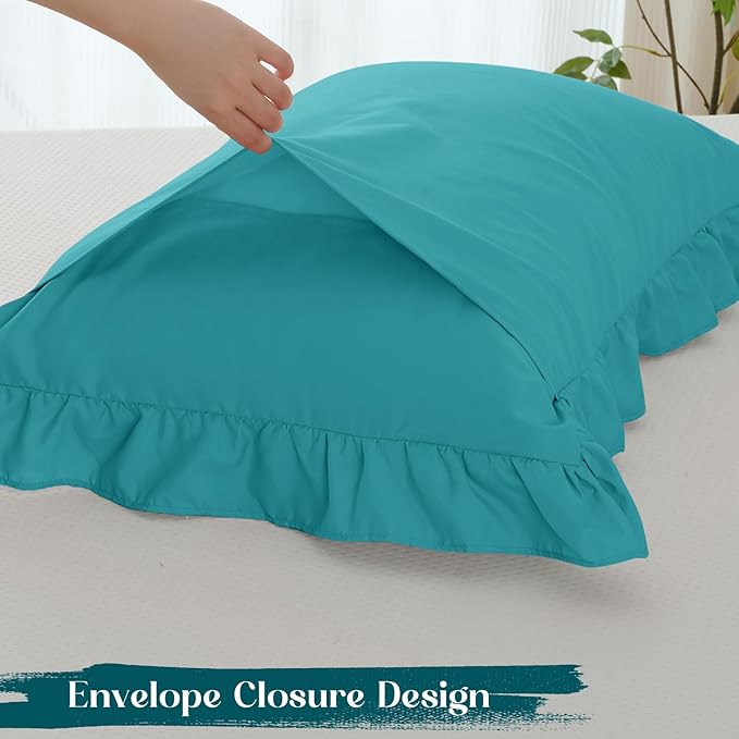 Homiest 3-Pieces Ruffle Pillow Case & Fitted Sheet Set, Teal Blue King Sheets with 2 Ruffled Pillow Shams, 15 Inch Deep Pocket, Cute & Coquette Microfiber Bed Set for Decorating Bedroom Hotel