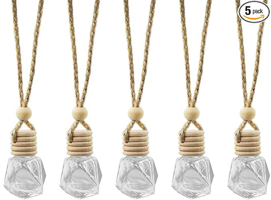 5PCS Hanging Car Rear View Mirror Charm - 8ml Empty Glass Bottle Pendant Automobile Interior Decoration for Rearview Mirror Ornament (Diamond)