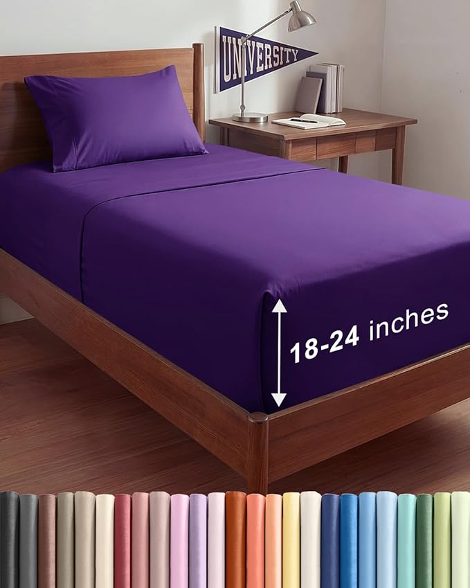 Extra Deep Twin XL Sheet Set - 3 Piece Breathable & Cooling Bed Sheets - Easily Fits 18 to 24 inch Mattress - Ultra Soft, Wrinkle & Fade Free with Extra Deep Pockets - Hotel Luxury Bedding - Purple