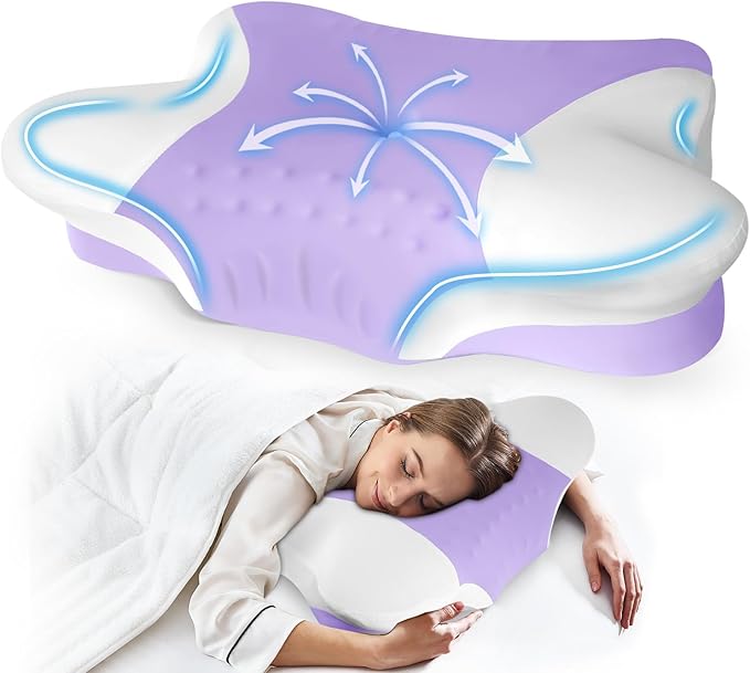 Cervical Neck Pillows with Memory Foam - Ergonomic Neck Support Pillows for Pain Relief Contour Memory Foam - Adjustable Orthopedic Bed Pillows with Cooling Pillowcase for Sleeping - Purple