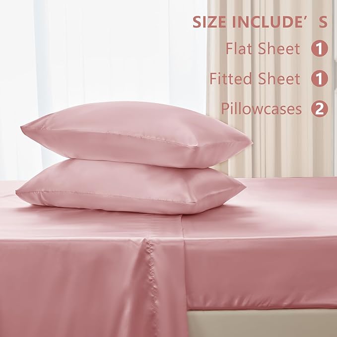 CozyLux Satin Sheets Twin Sheet Set - 3 Piece Silky Twin Bed Sheets, Luxury Dirty Pink Sheet Twin Size Bed Set with Smooth and Soft Microfiber, Includes 1 Fitted Sheet, 1 Flat Sheet and 1 Pillowcase