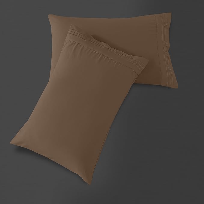 Mocassi 2-Piece Premium King Pillowcase Set 1800 Series Hotel Quality Microfiber - Soft and Breathable with 3-Line Embroidery Wrinkle and Stain Resistant, Easy Care, 20" x 40", Taupe