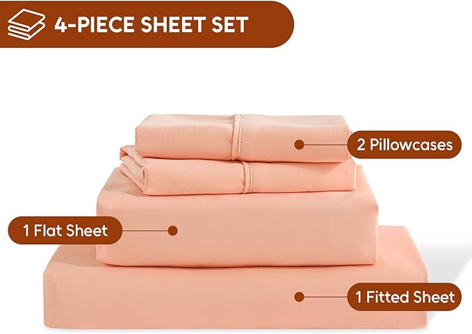 Queen Sheet Set, 4 Pieces Hotel Luxury Soft Microfiber Queen Bed Sheets Set, Up to 16" Deep Pockets, Oeko-Tex Sheets with Elastic, Breathable, Wrinkle Free (Peach Pink, Queen)